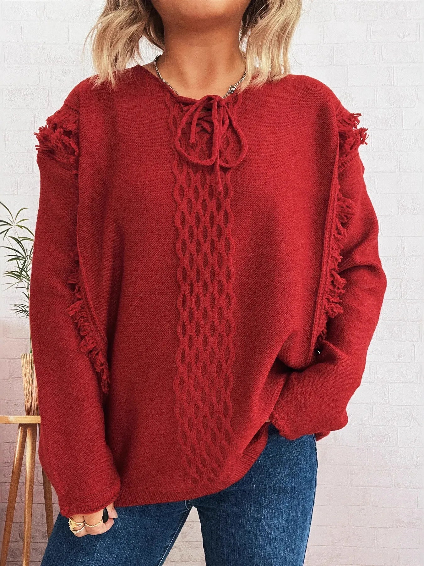 Raw Hem Lace Up Front Sweater - PBNJ FASHIONS