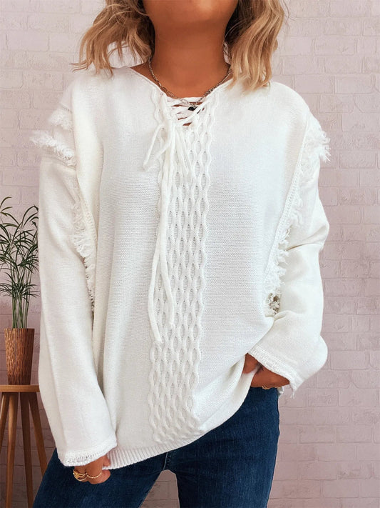 Raw Hem Lace Up Front Sweater - PBNJ FASHIONS