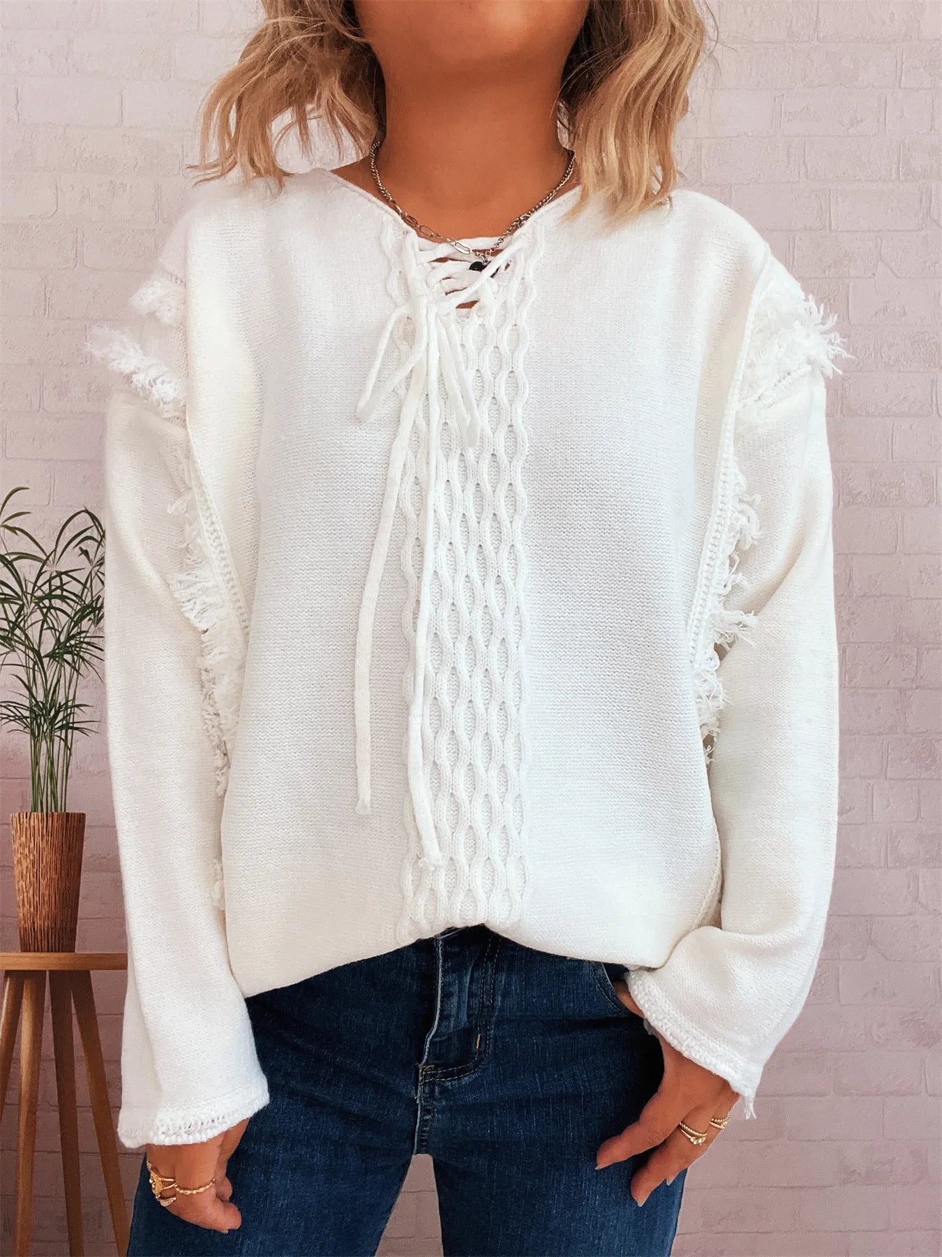 Raw Hem Lace Up Front Sweater - PBNJ FASHIONS