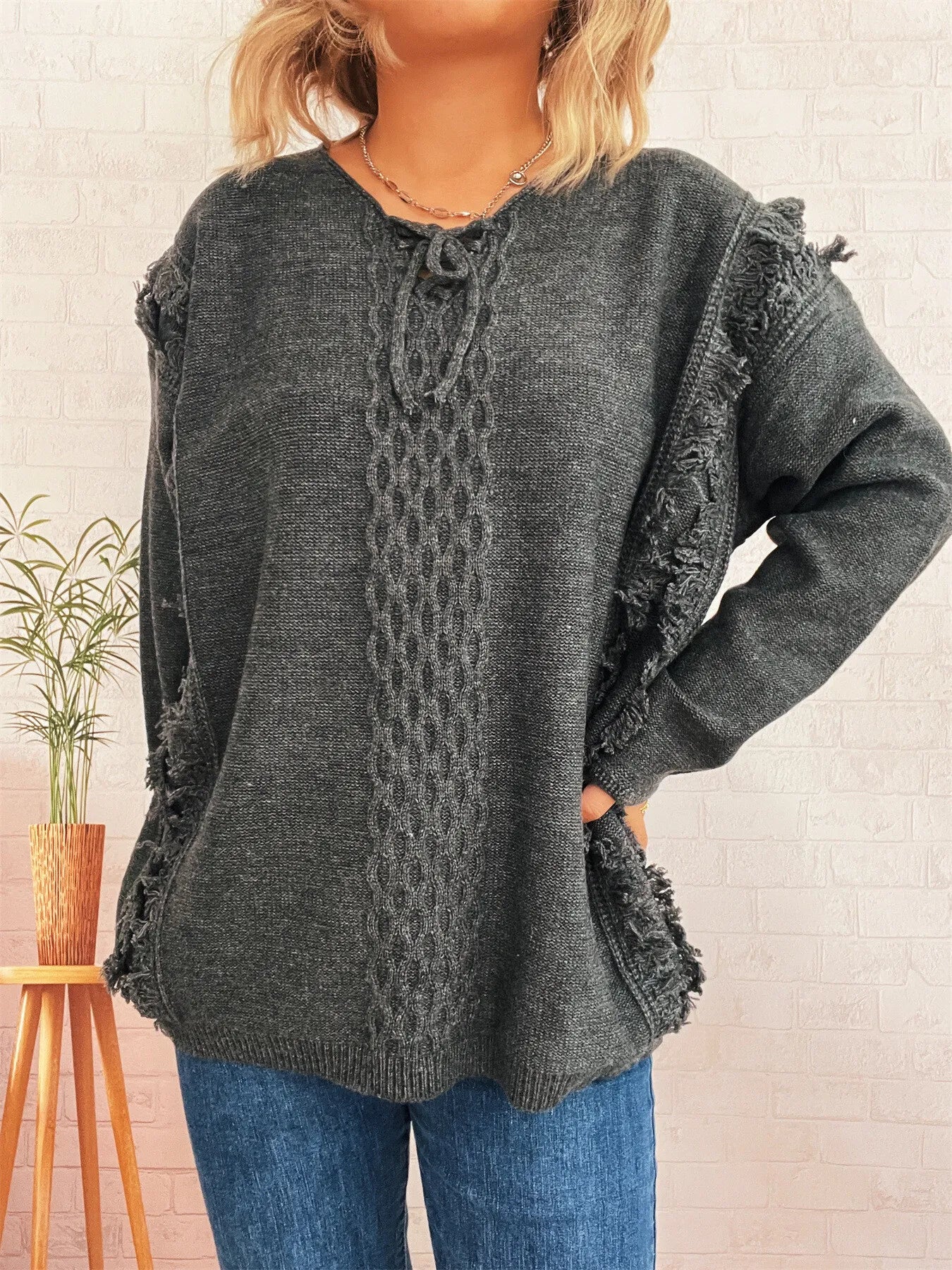 Raw Hem Lace Up Front Sweater - PBNJ FASHIONS