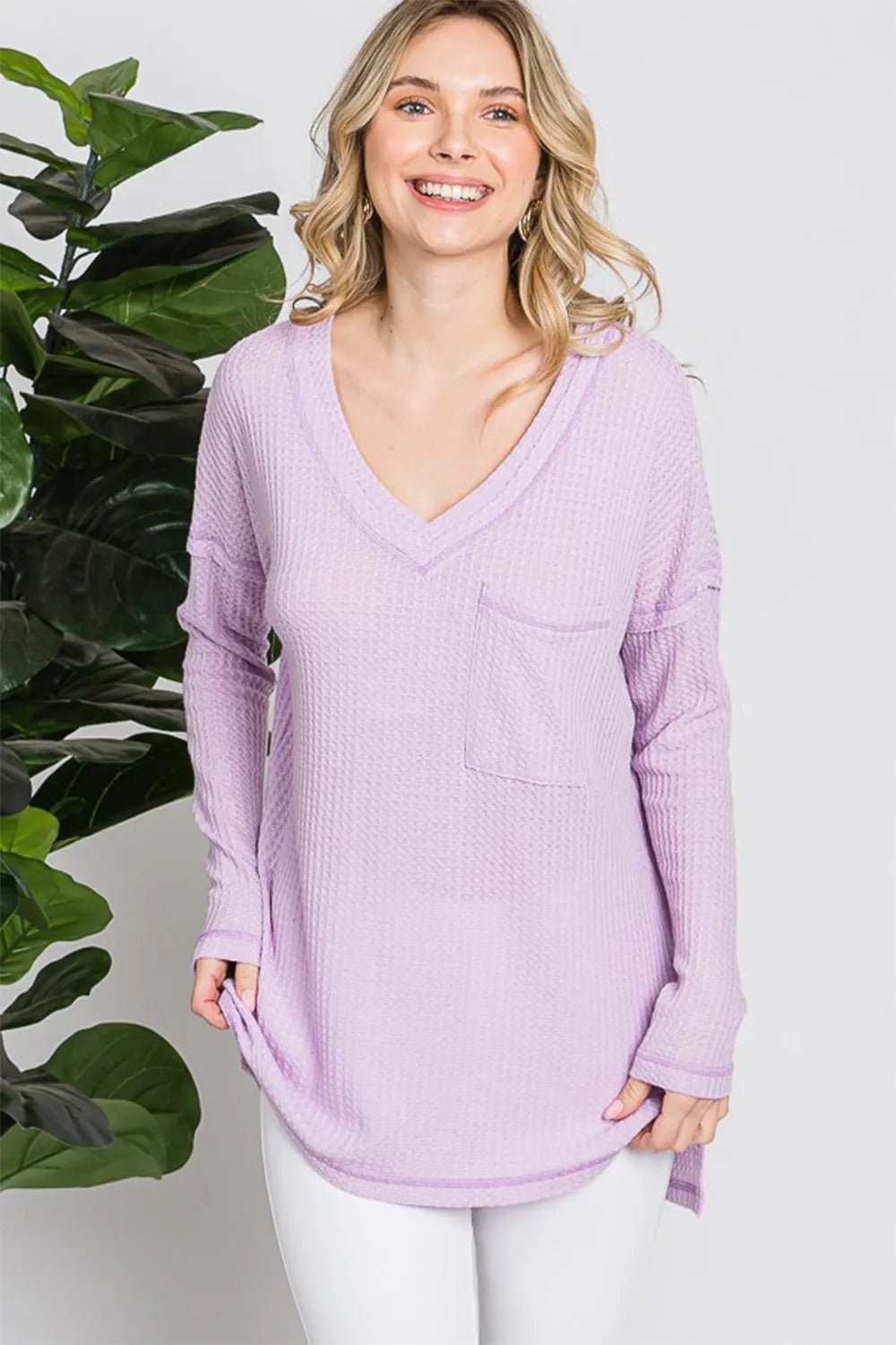 Reborn J Waffle Knit V - Neck Long Sleeve T-Shirt - PBNJ FASHIONS