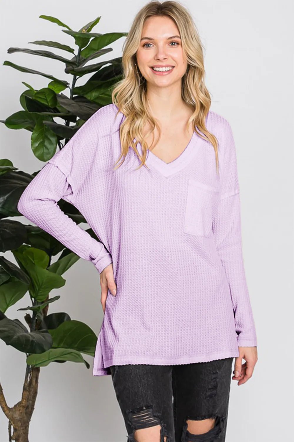 Reborn J Waffle Knit V - Neck Long Sleeve T-Shirt - PBNJ FASHIONS