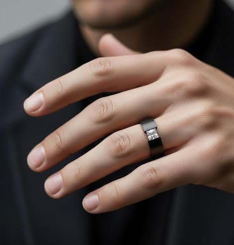 RG114B B.Tiff 1 ct Princess Cut Black Solitaire Ring [Wide Band] - PBNJ FASHIONS