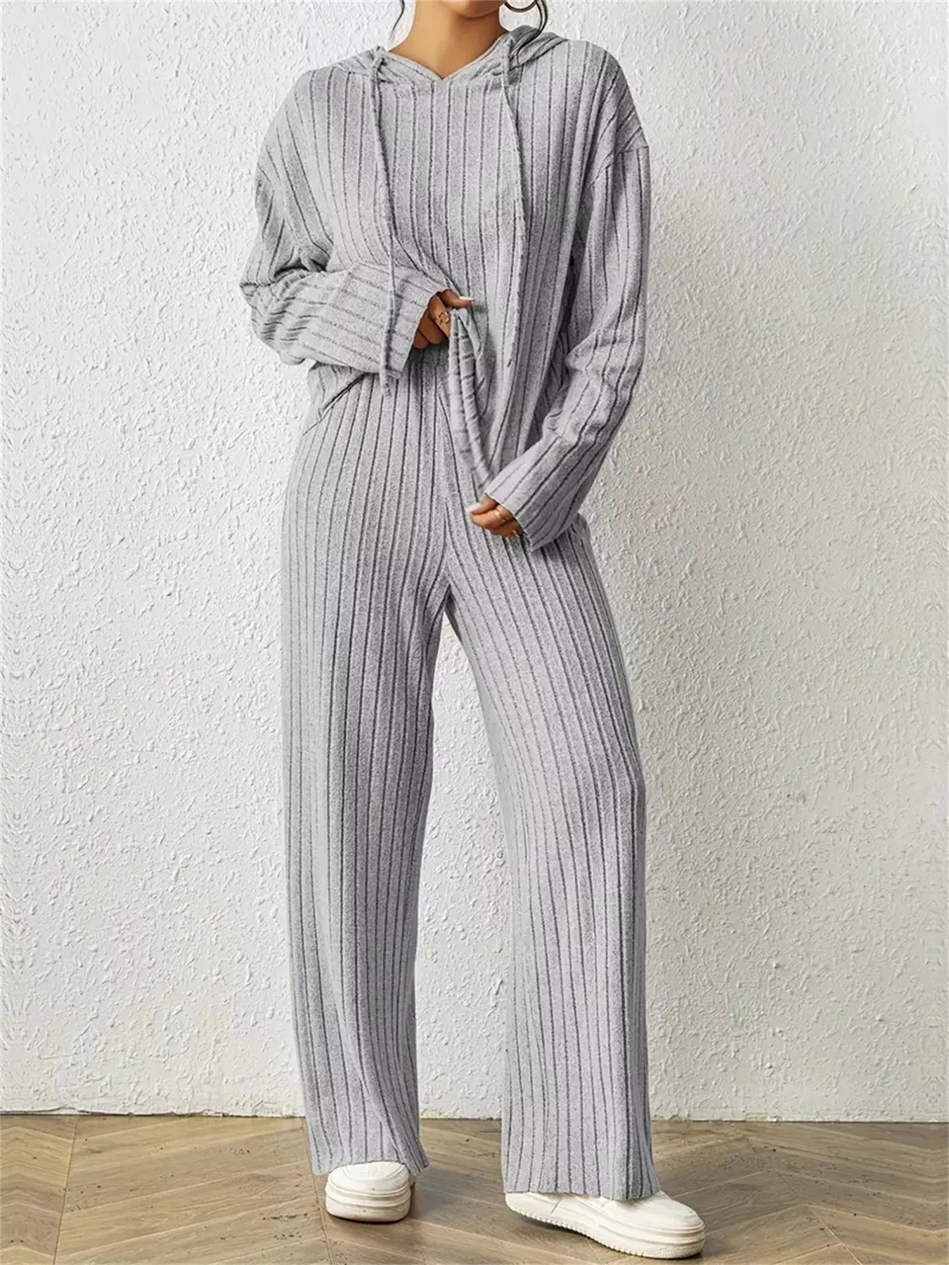 Ribbed Drawstring Hoodie and Pants Set - PBNJ FASHIONS