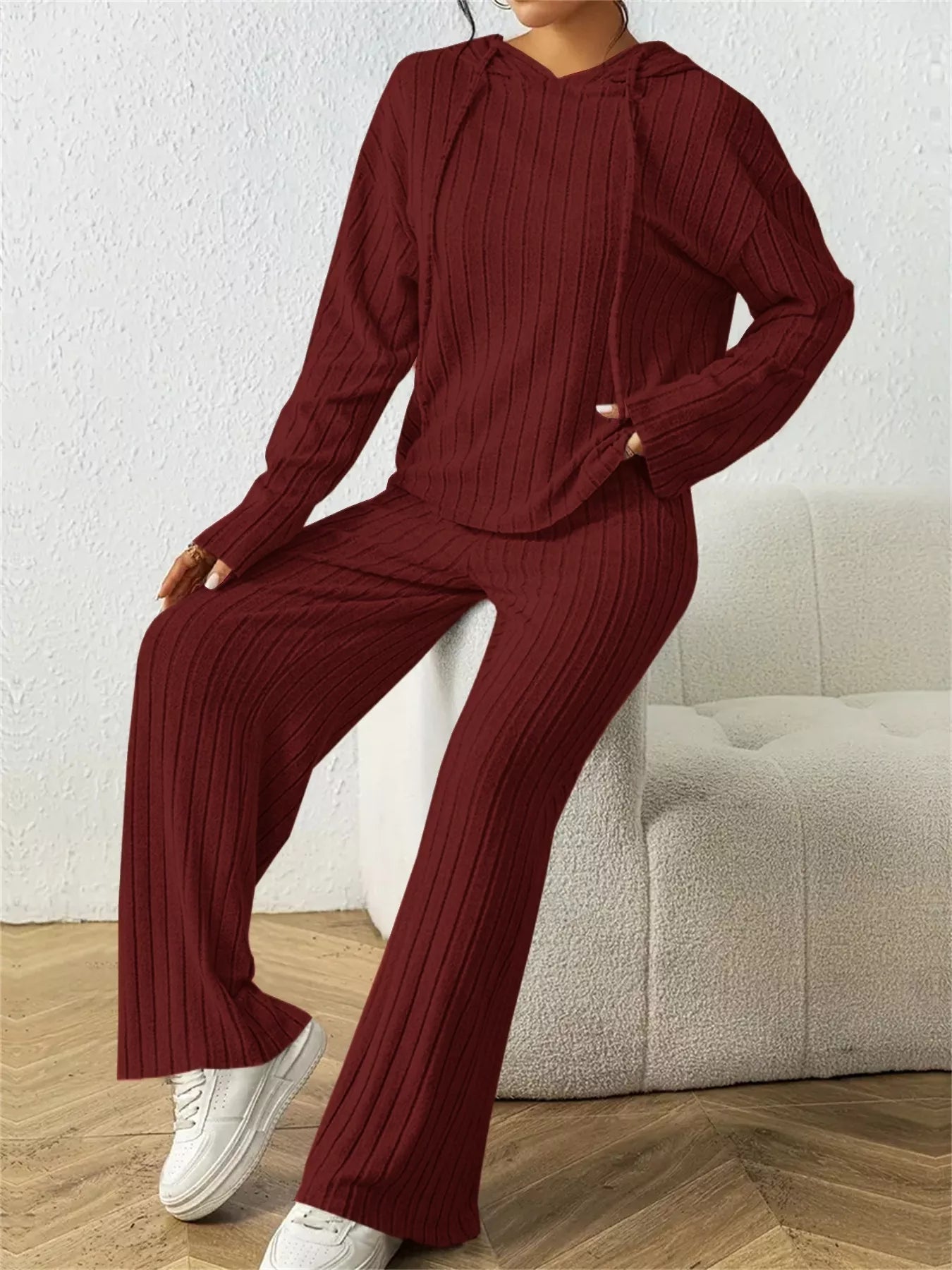 Ribbed Drawstring Hoodie and Pants Set - PBNJ FASHIONS