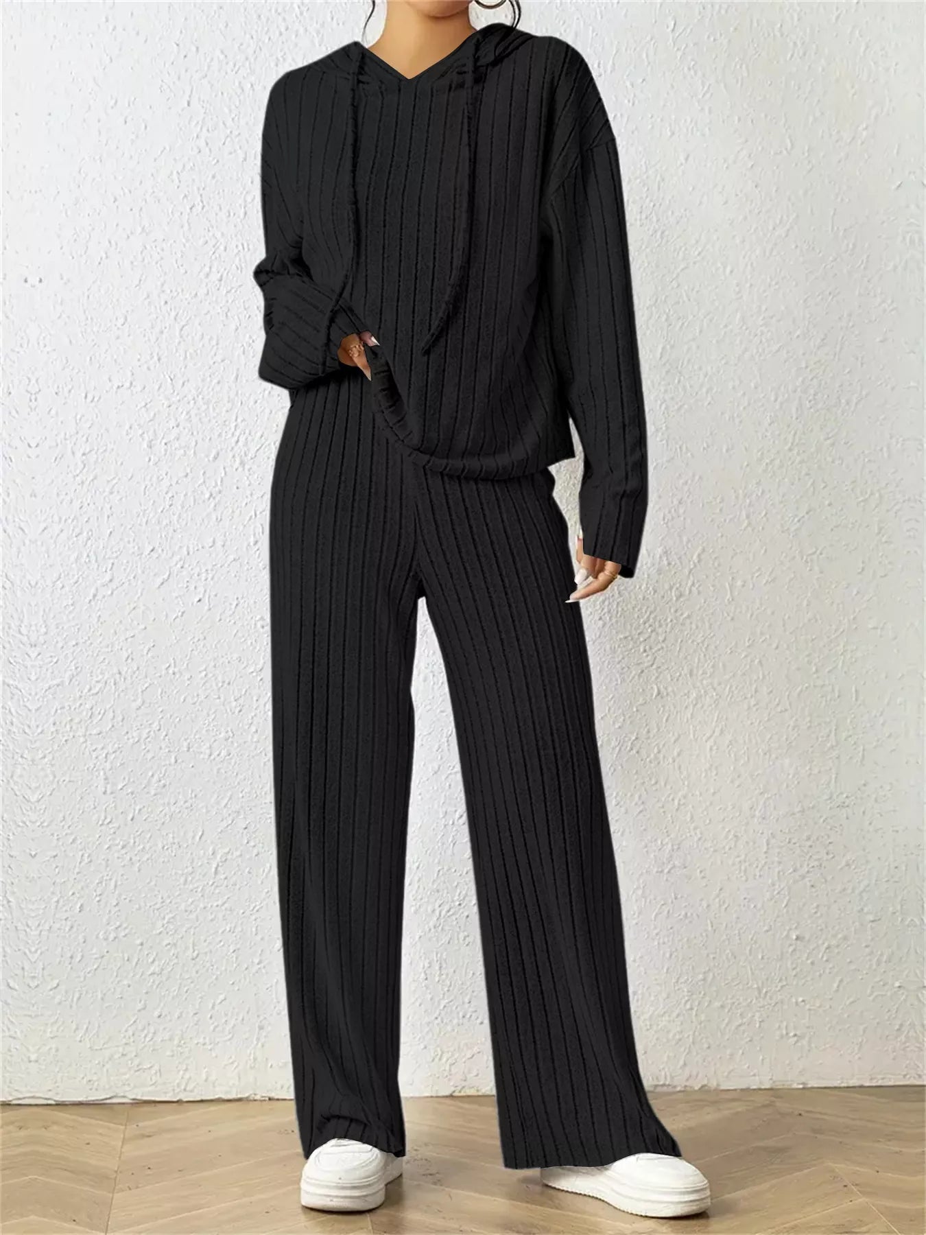 Ribbed Drawstring Hoodie and Pants Set - PBNJ FASHIONS