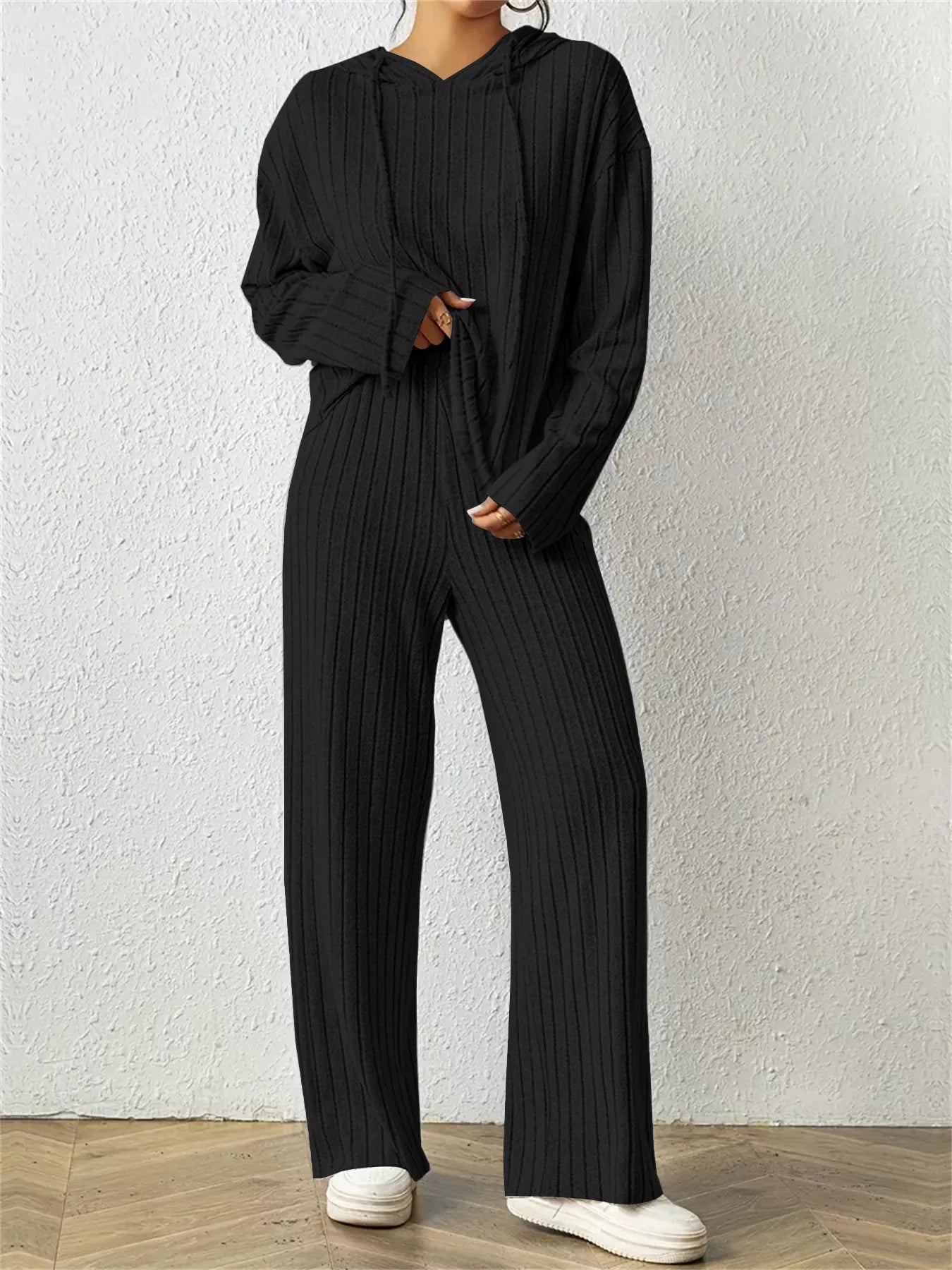 Ribbed Drawstring Hoodie and Pants Set - PBNJ FASHIONS
