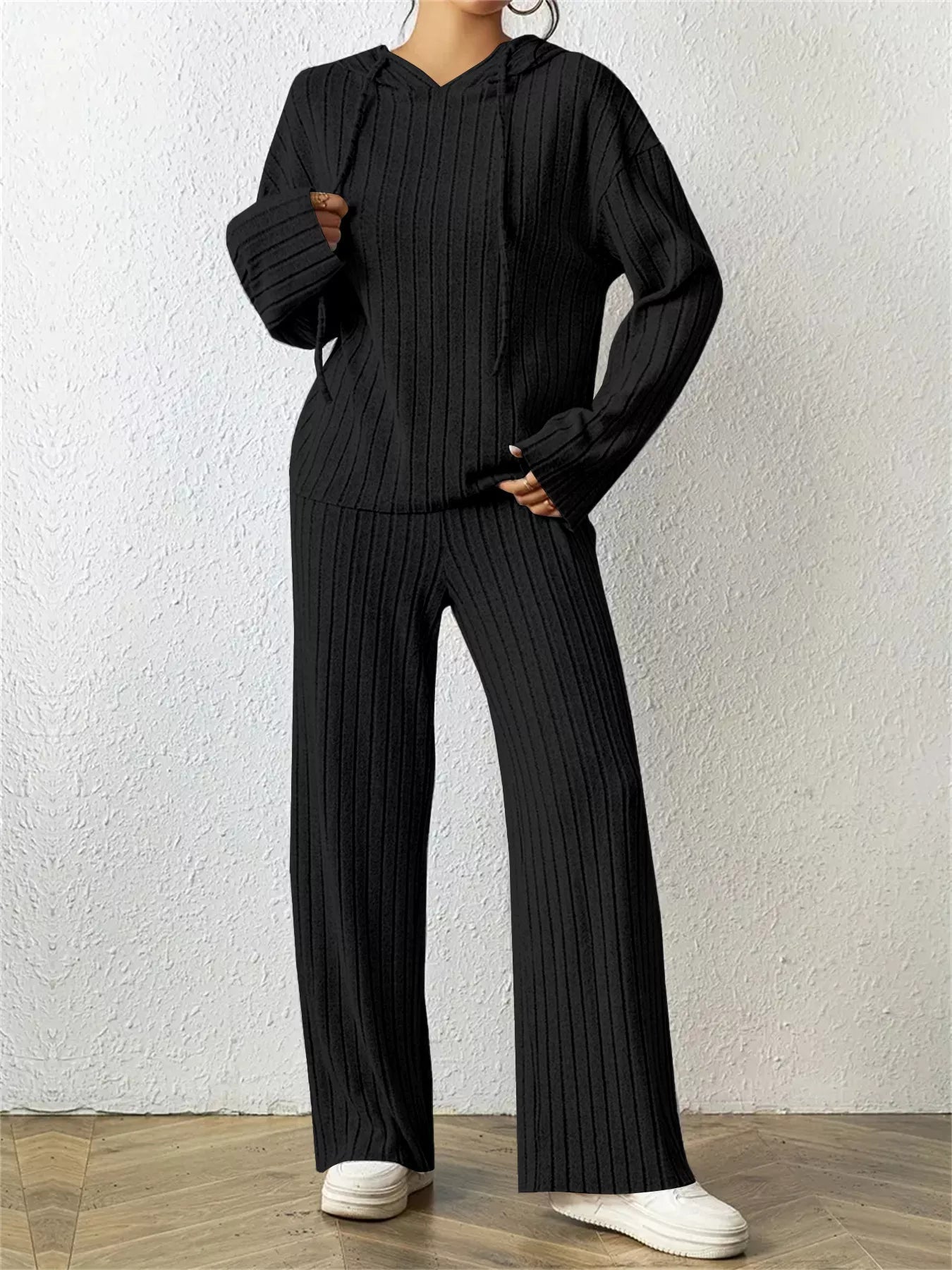 Ribbed Drawstring Hoodie and Pants Set - PBNJ FASHIONS