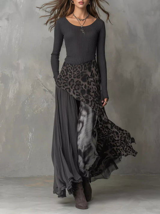Ribbed Knit Leopard Print Patchwork Maxi Dress - PBNJ FASHIONS