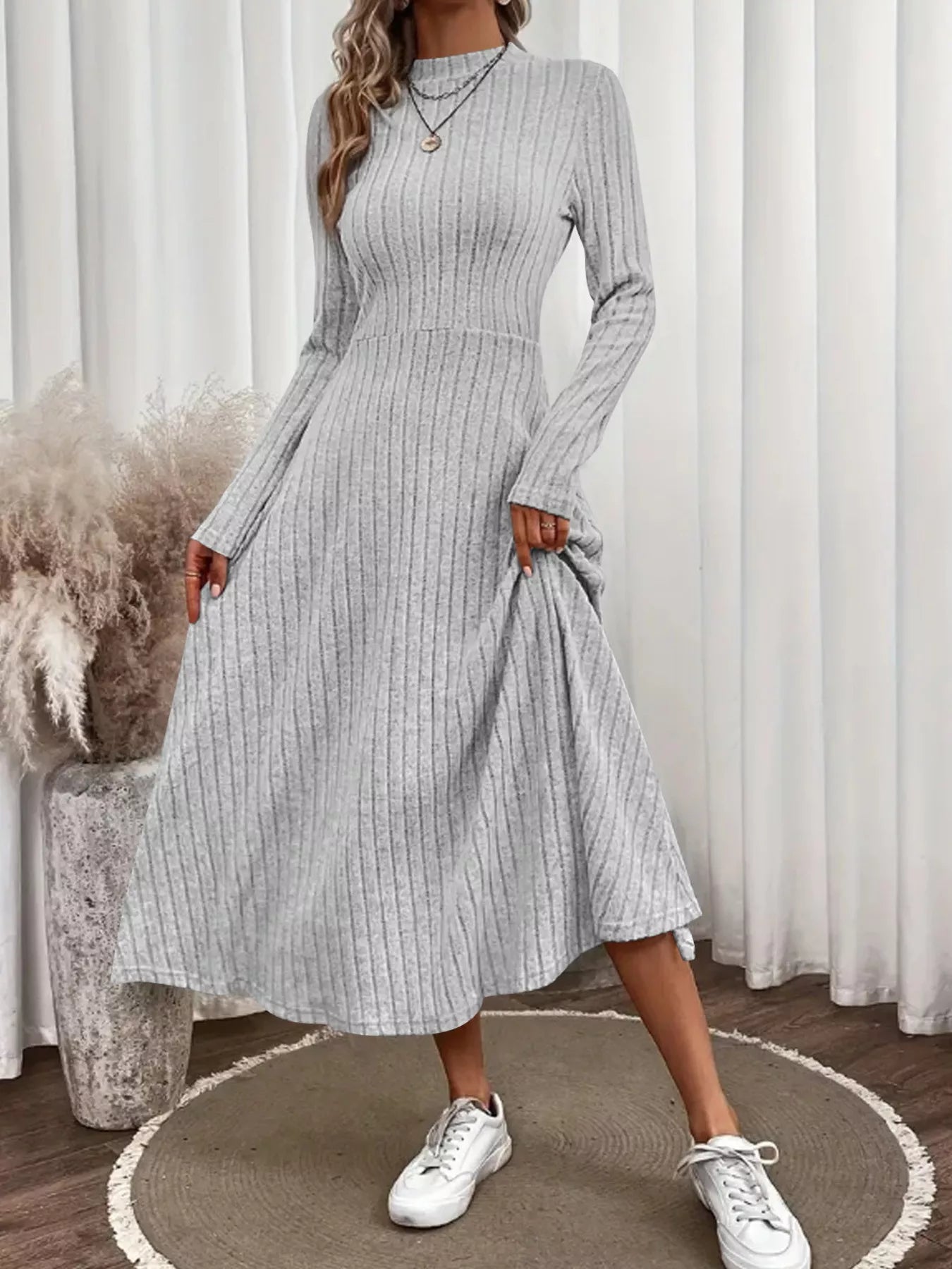 Ribbed Knit Long Sleeve Midi Dress - PBNJ FASHIONS