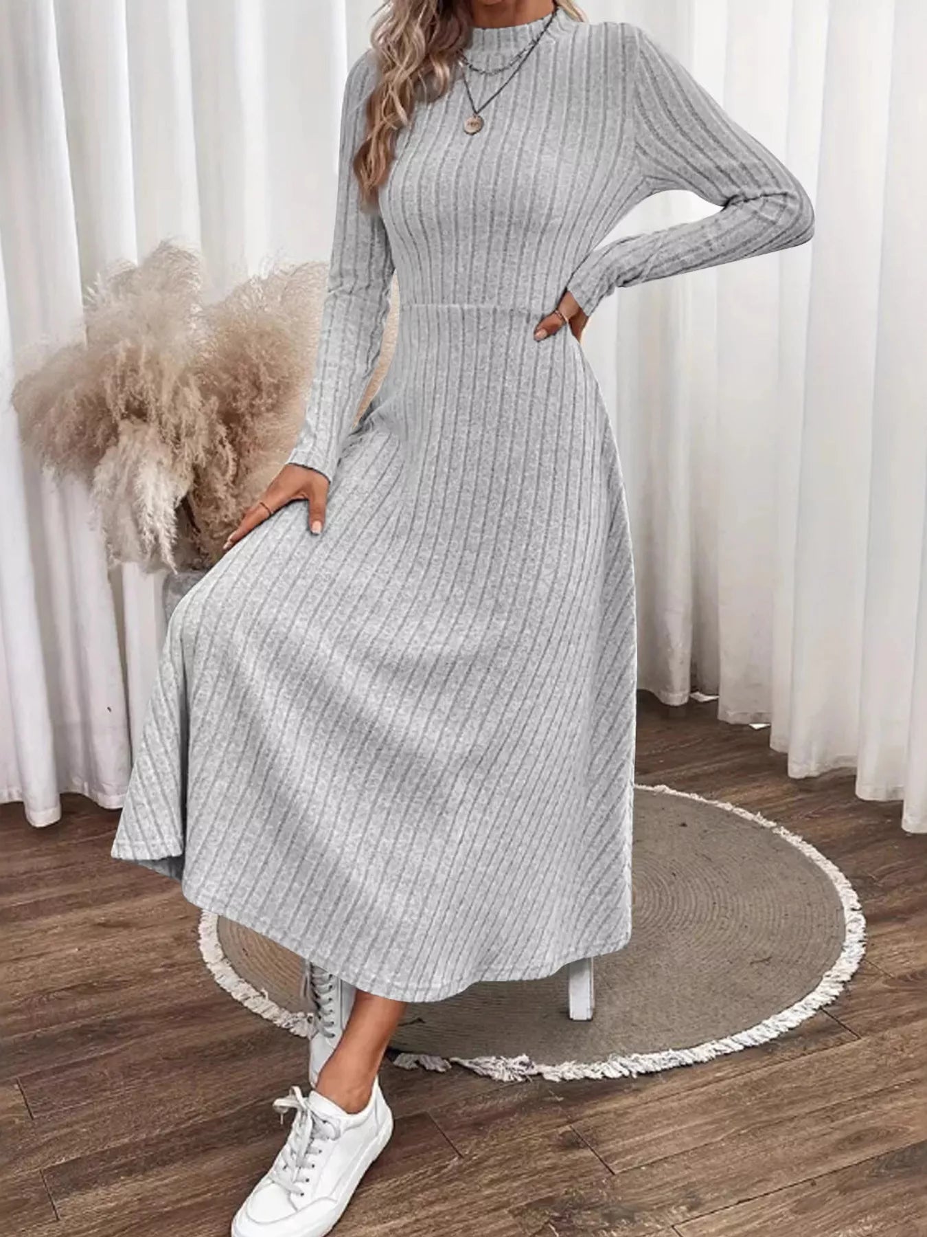 Ribbed Knit Long Sleeve Midi Dress - PBNJ FASHIONS