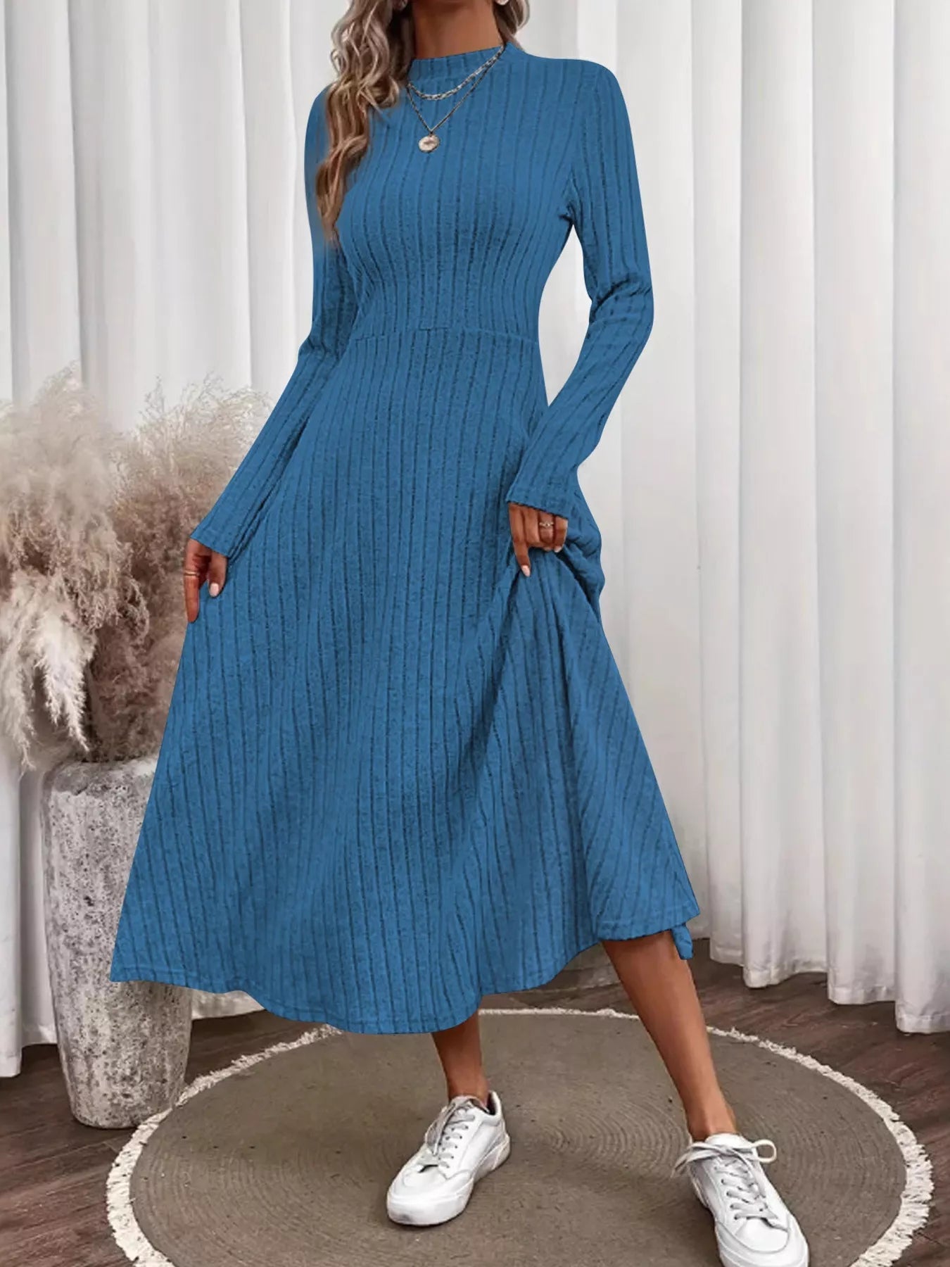 Ribbed Knit Long Sleeve Midi Dress - PBNJ FASHIONS