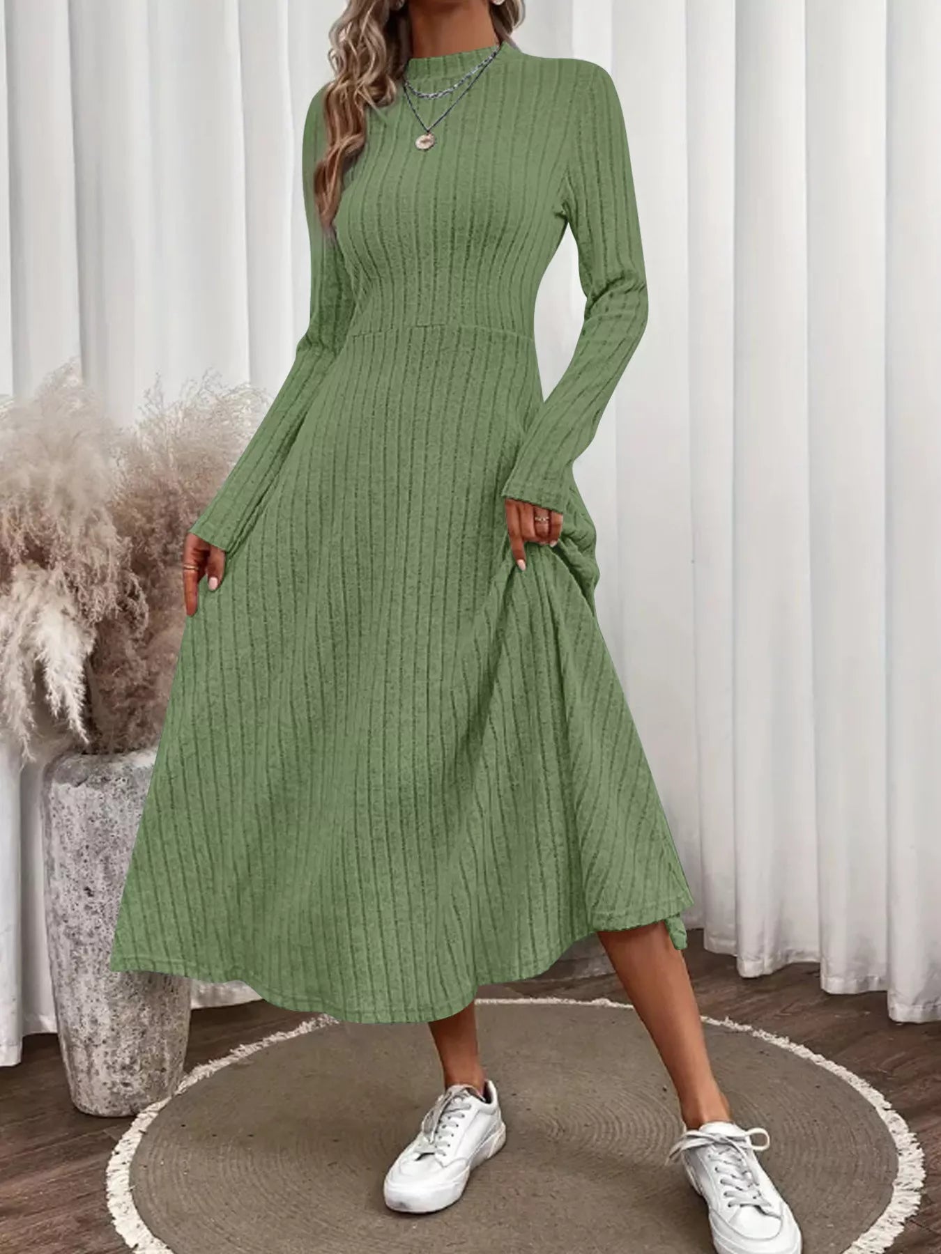 Ribbed Knit Long Sleeve Midi Dress - PBNJ FASHIONS