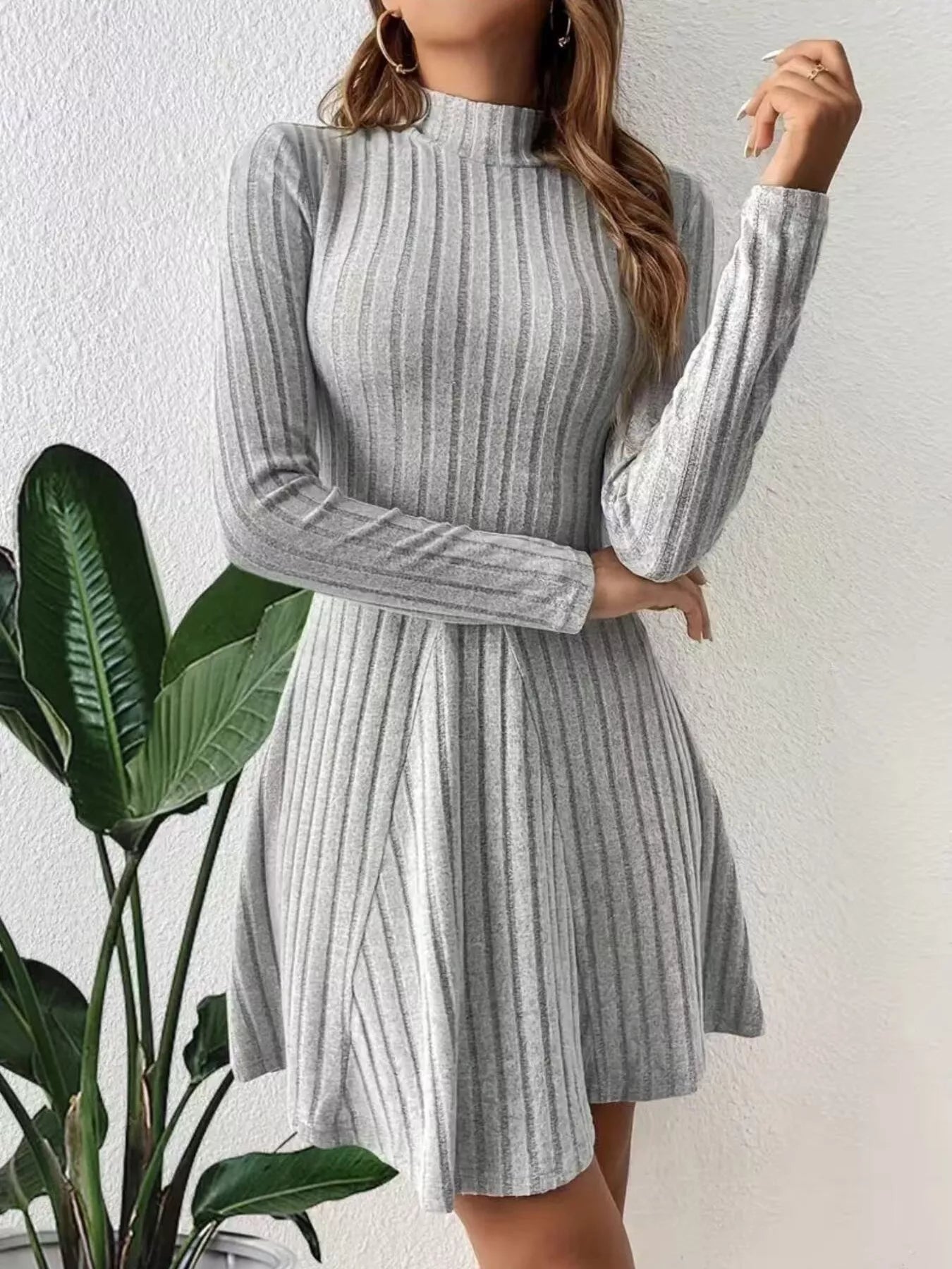 Ribbed Knit Mock Neck Long Sleeve Mini Dress - PBNJ FASHIONS