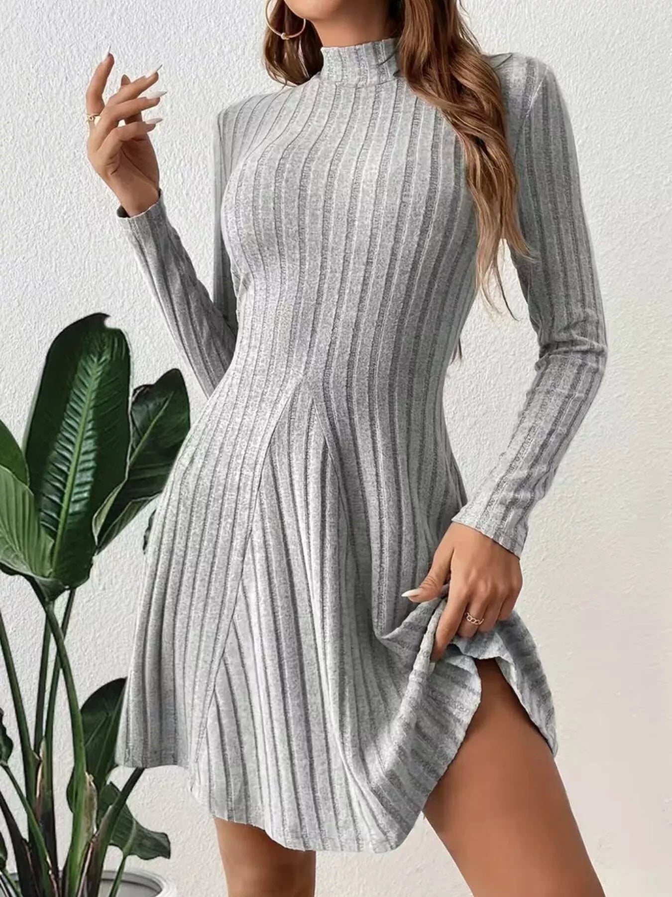 Ribbed Knit Mock Neck Long Sleeve Mini Dress - PBNJ FASHIONS