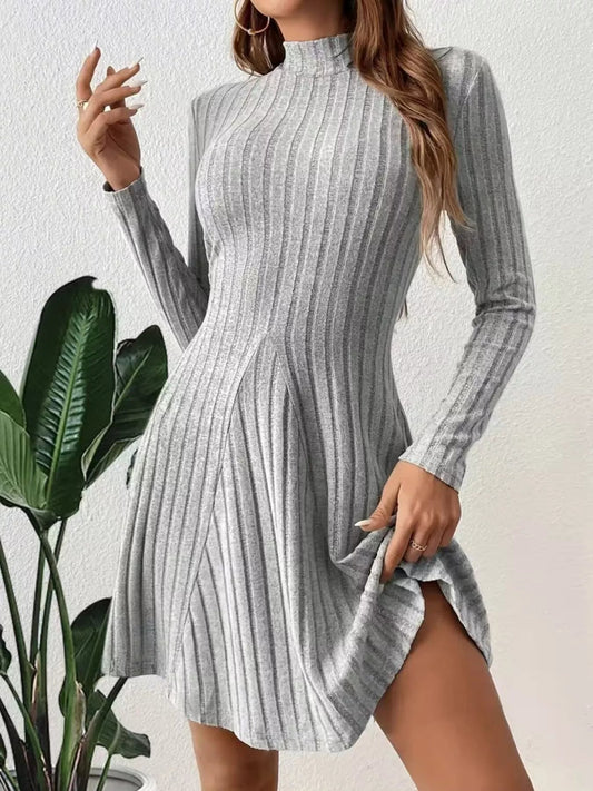 Ribbed Knit Mock Neck Long Sleeve Mini Dress - PBNJ FASHIONS