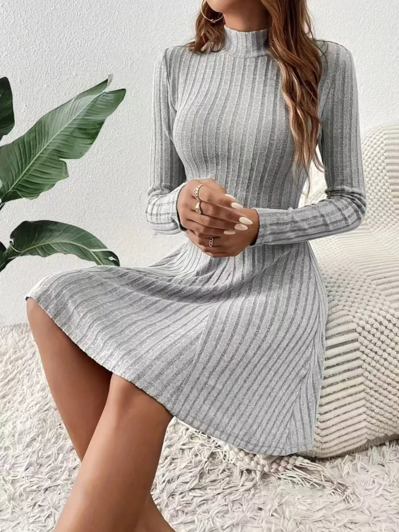 Ribbed Knit Mock Neck Long Sleeve Mini Dress - PBNJ FASHIONS
