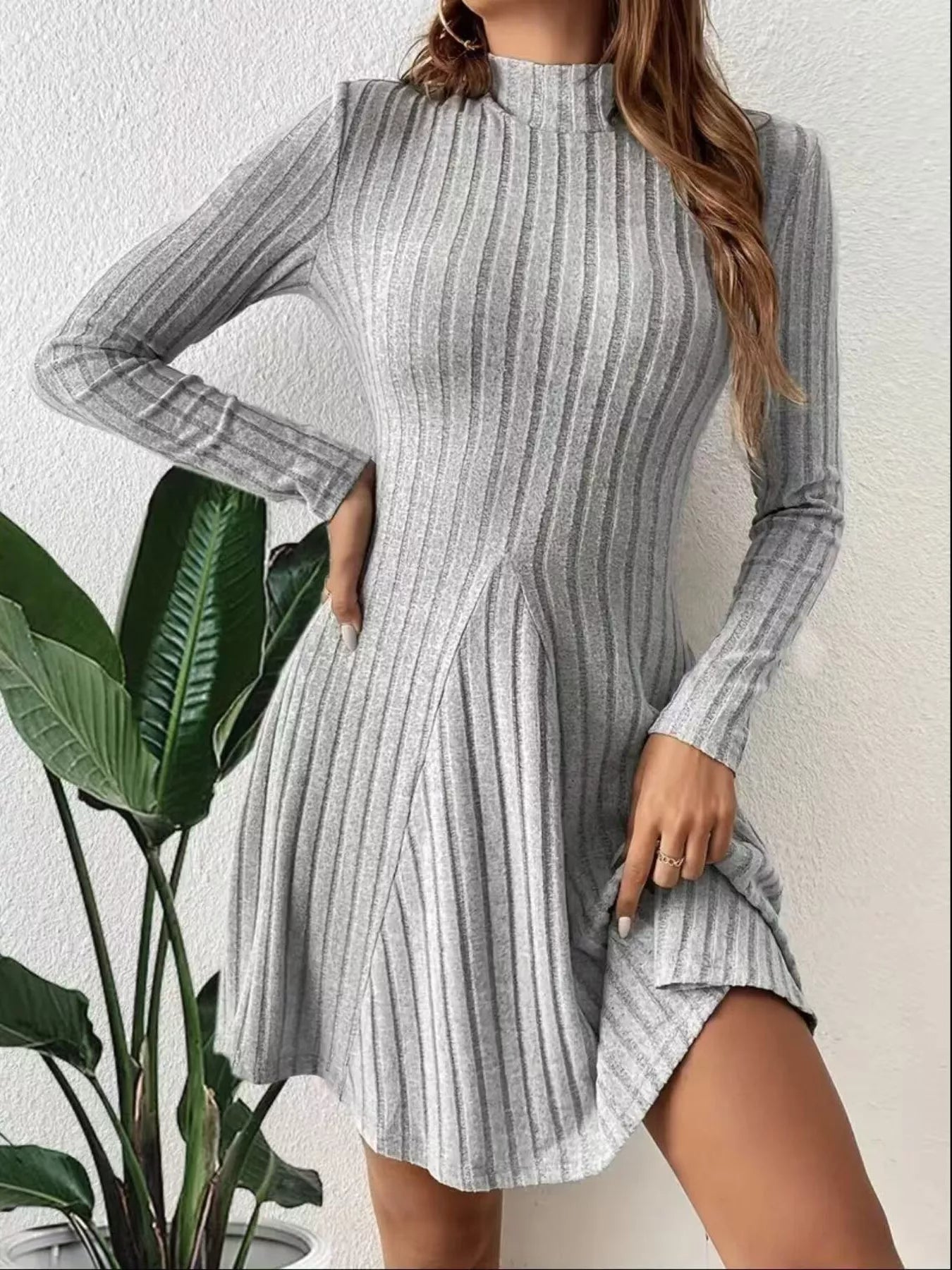 Ribbed Knit Mock Neck Long Sleeve Mini Dress - PBNJ FASHIONS