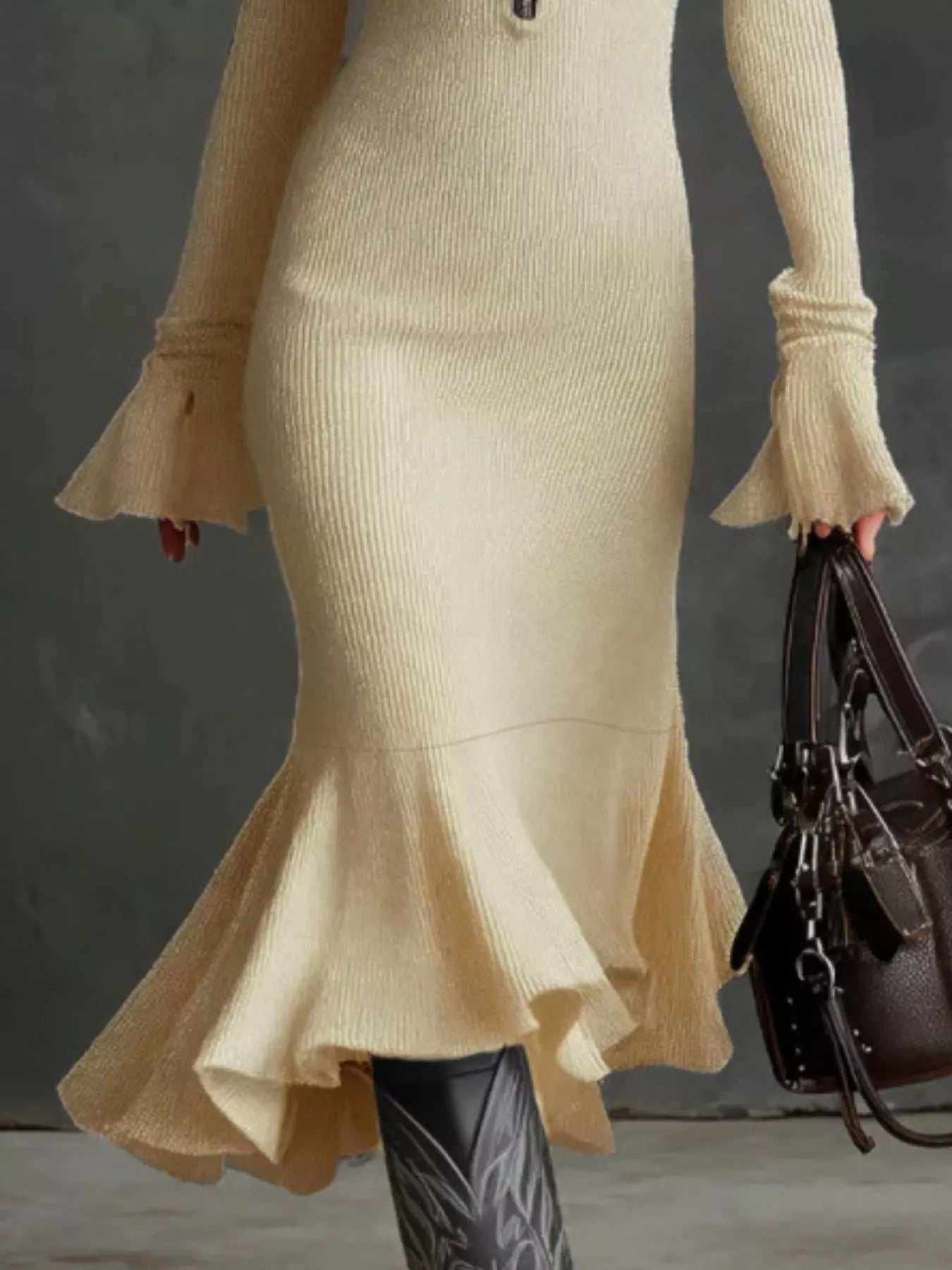 Ribbed Knit Zip Front Flare Hem Midi Dress - PBNJ FASHIONS
