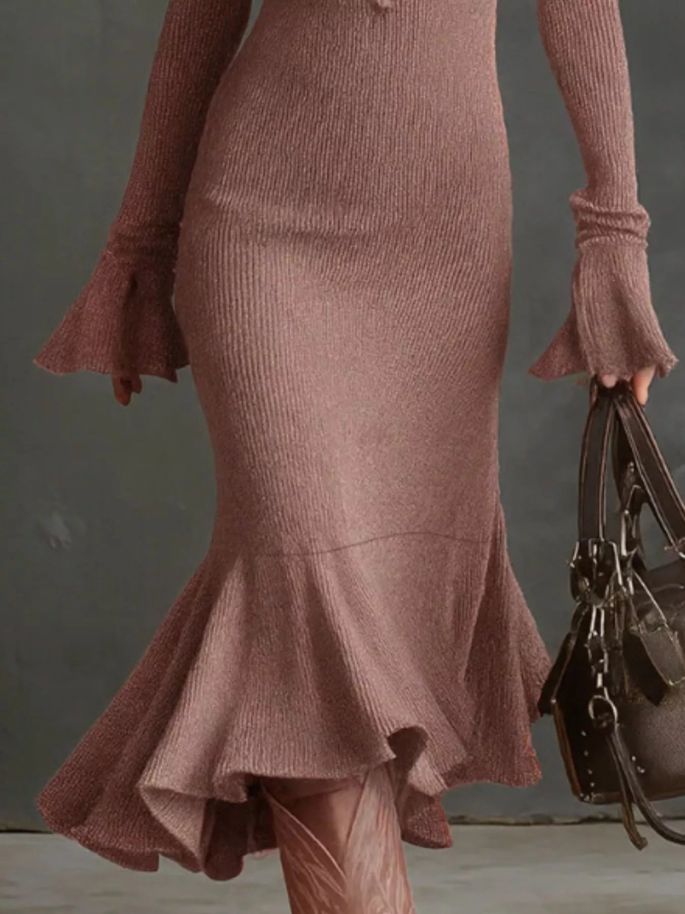 Ribbed Knit Zip Front Flare Hem Midi Dress - PBNJ FASHIONS