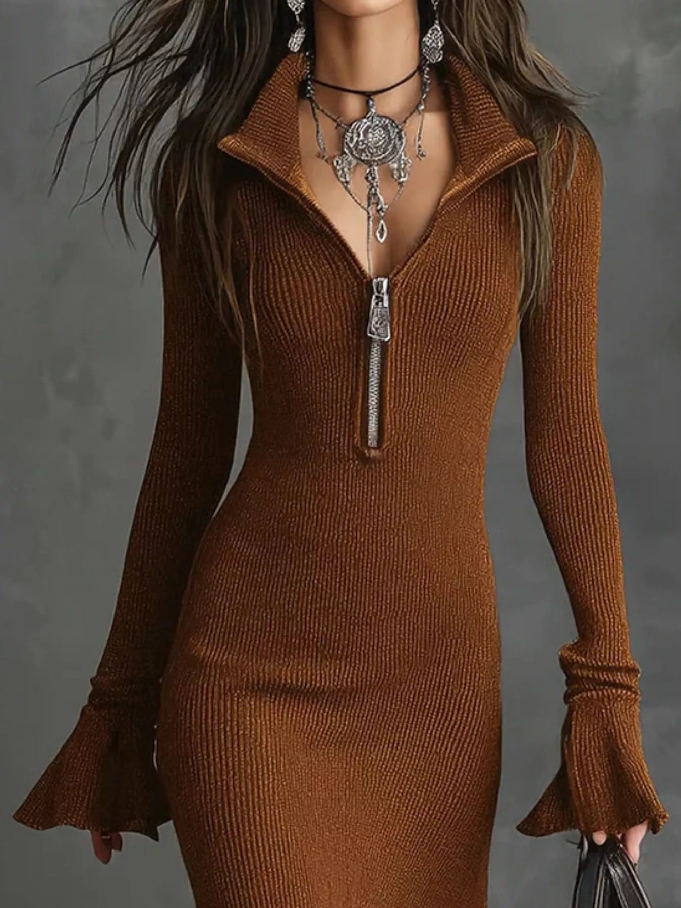 Ribbed Knit Zip Front Flare Hem Midi Dress - PBNJ FASHIONS