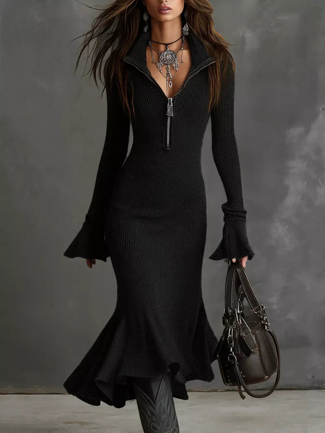 Ribbed Knit Zip Front Flare Hem Midi Dress - PBNJ FASHIONS