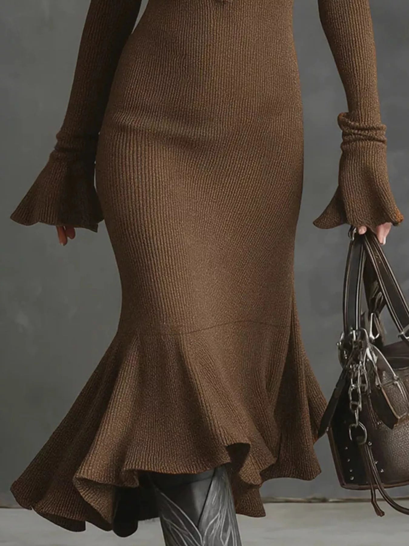 Ribbed Knit Zip Front Flare Hem Midi Dress - PBNJ FASHIONS