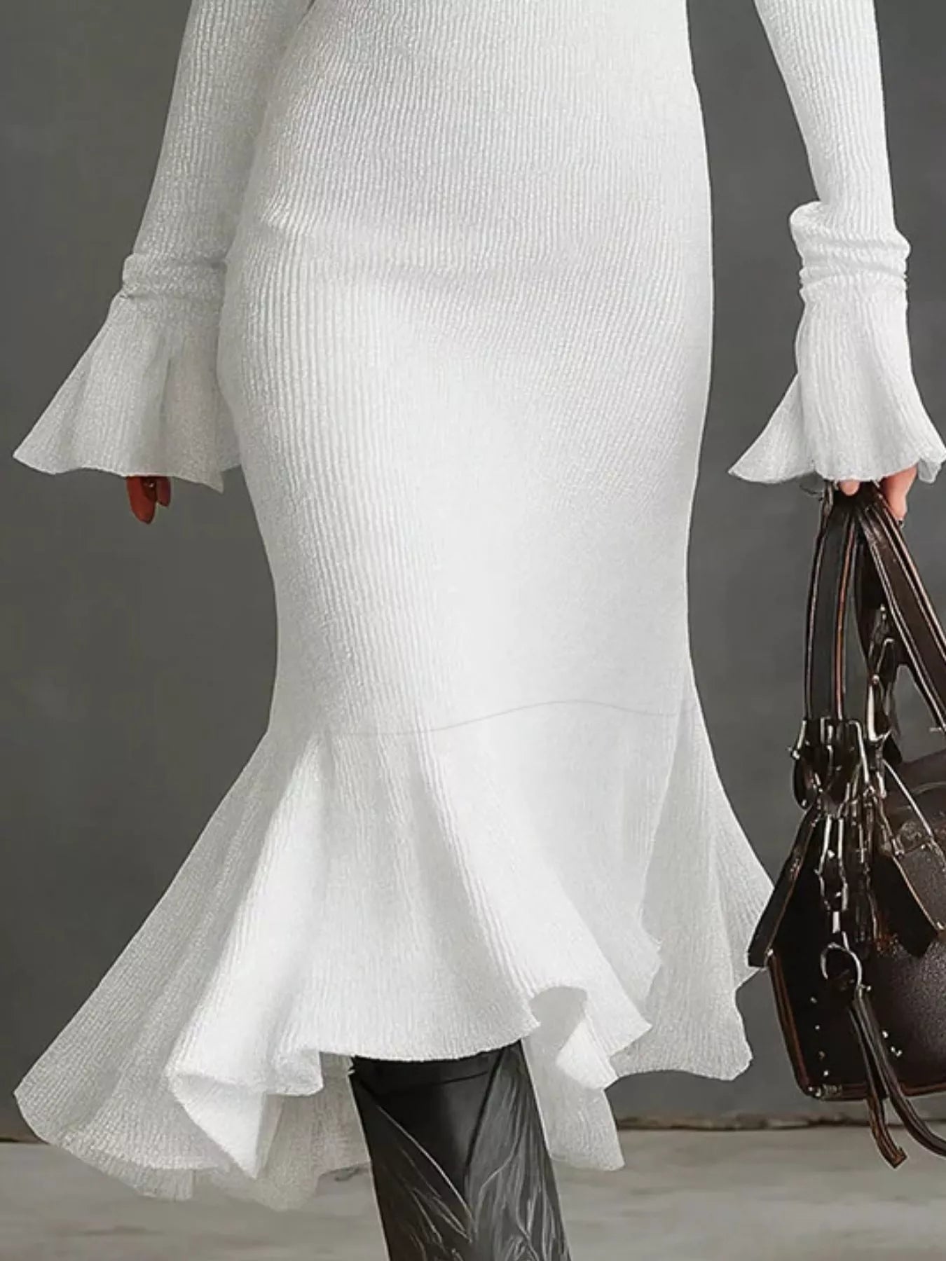 Ribbed Knit Zip Front Flare Hem Midi Dress - PBNJ FASHIONS