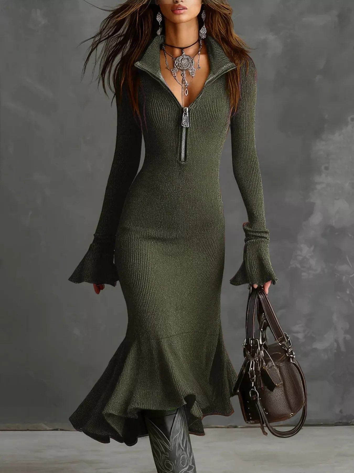 Ribbed Knit Zip Front Flare Hem Midi Dress - PBNJ FASHIONS