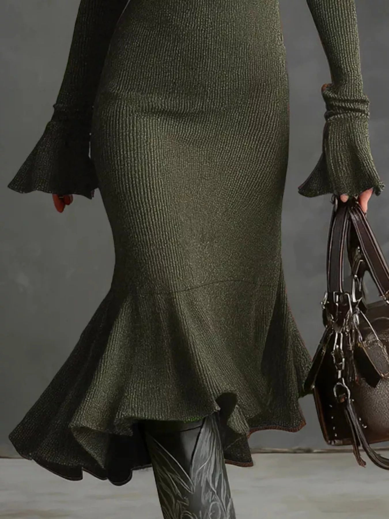 Ribbed Knit Zip Front Flare Hem Midi Dress - PBNJ FASHIONS