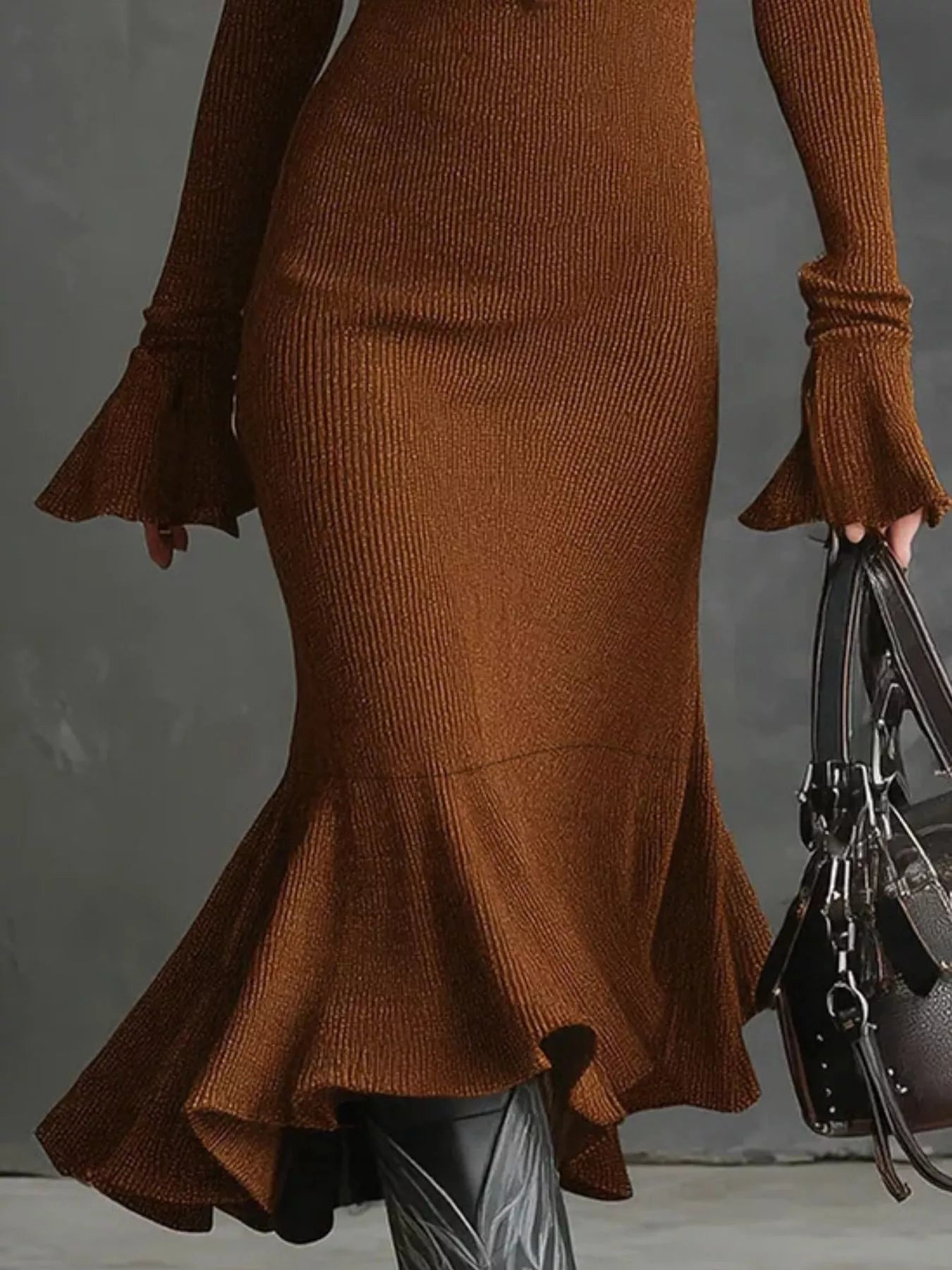 Ribbed Knit Zip Front Flare Hem Midi Dress - PBNJ FASHIONS