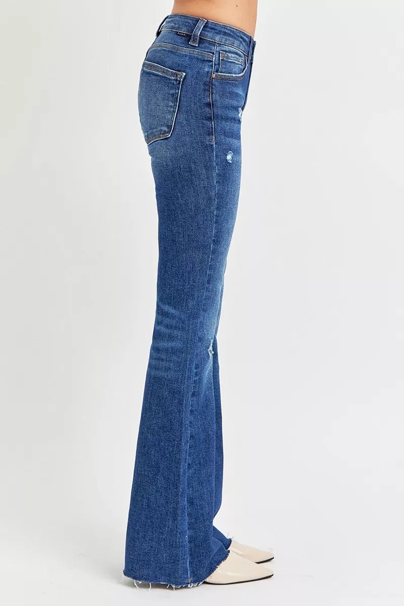 RISEN Full Size Distressed Mid Rise Flare Jeans Plus Size - PBNJ FASHIONS