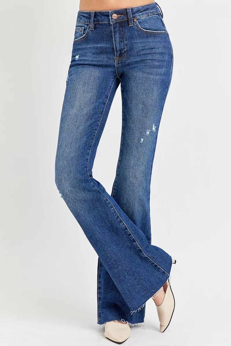 RISEN Full Size Distressed Mid Rise Flare Jeans Plus Size - PBNJ FASHIONS