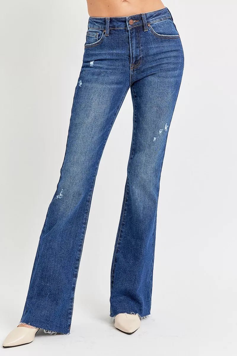 RISEN Full Size Distressed Mid Rise Flare Jeans Plus Size - PBNJ FASHIONS