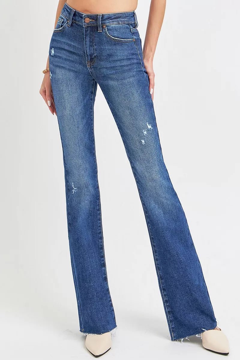 RISEN Full Size Distressed Mid Rise Flare Jeans Plus Size - PBNJ FASHIONS