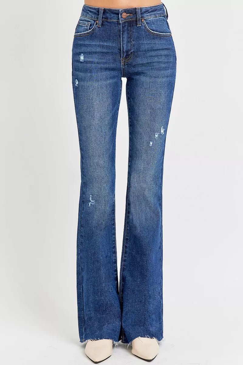 RISEN Full Size Distressed Mid Rise Flare Jeans Plus Size - PBNJ FASHIONS
