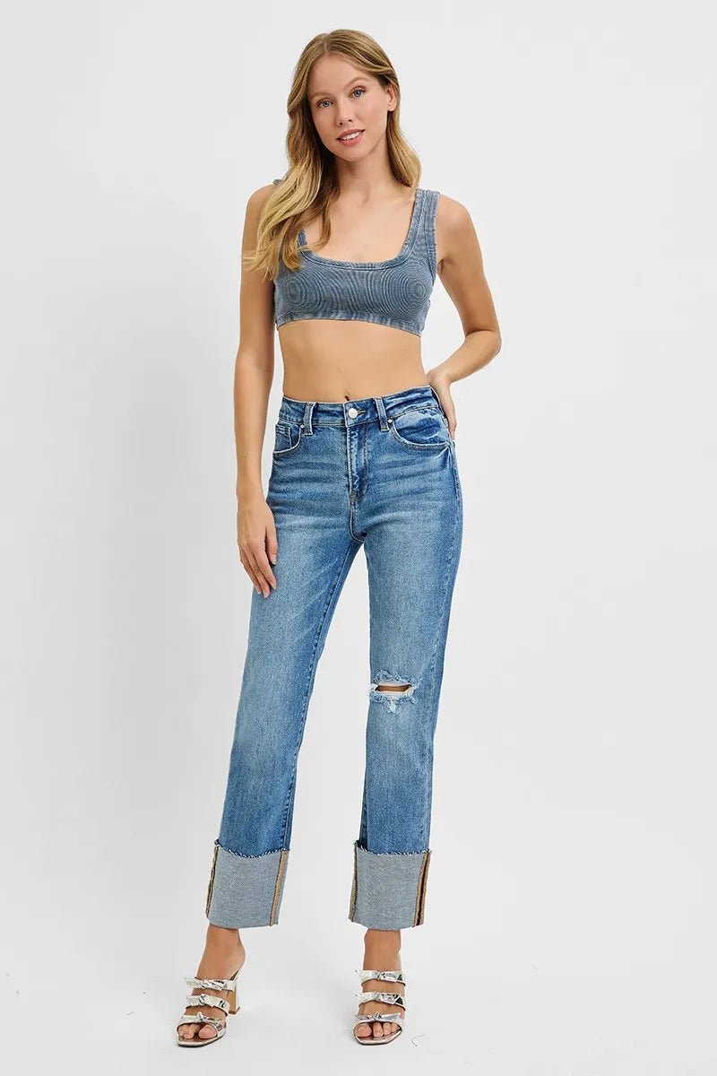 RISEN Full Size High Rise Ankle Straight Wide Cuffed Jeans Plus Size - PBNJ FASHIONS