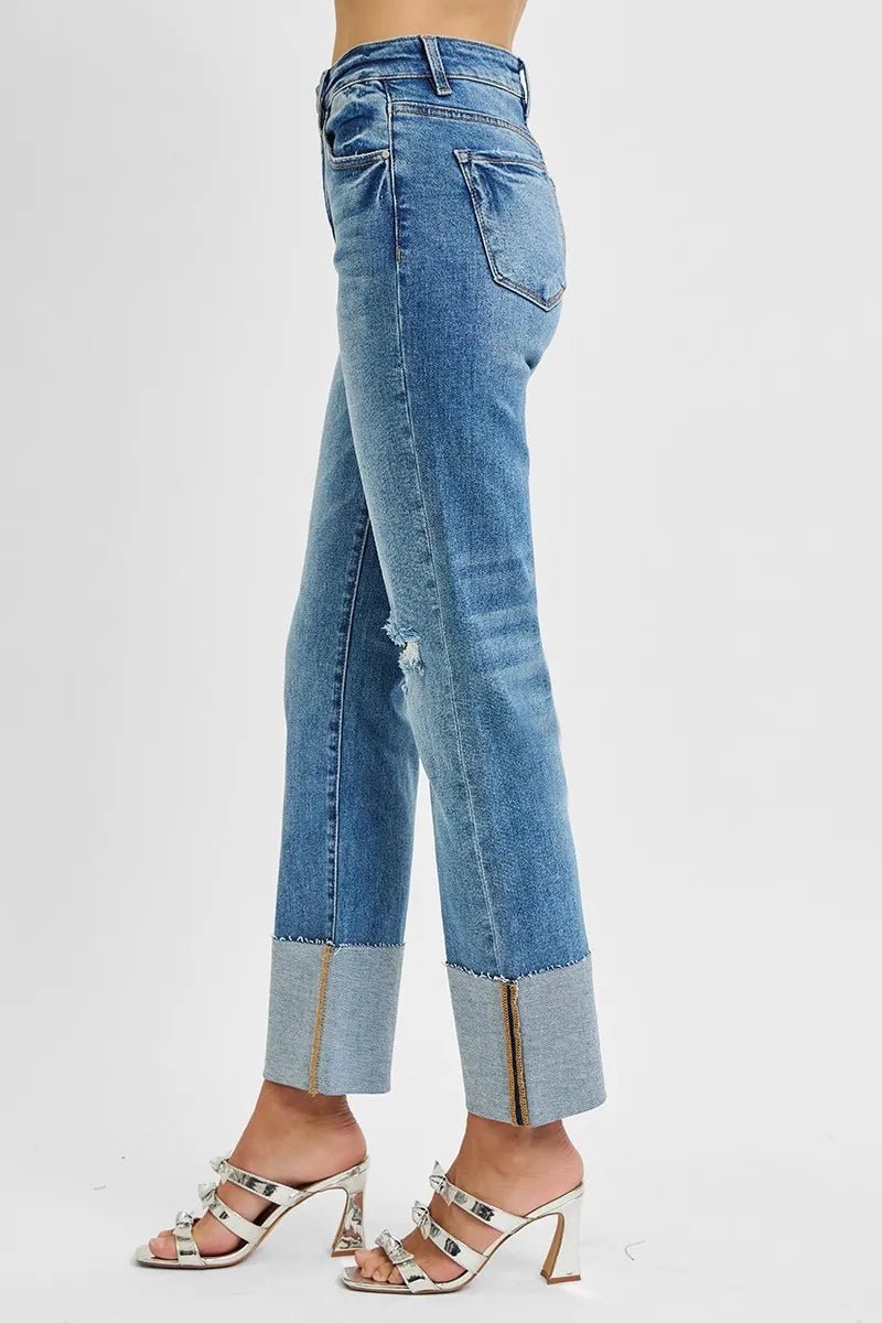 RISEN Full Size High Rise Ankle Straight Wide Cuffed Jeans Plus Size - PBNJ FASHIONS