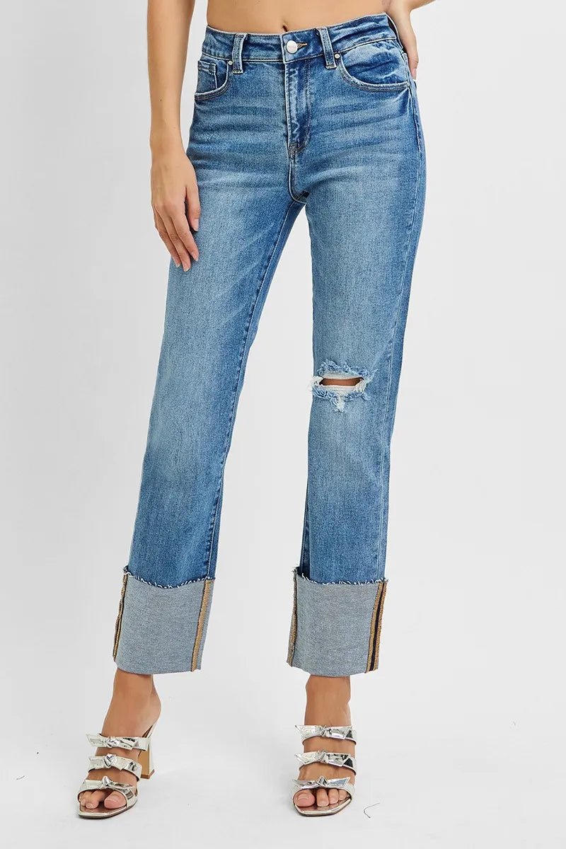 RISEN Full Size High Rise Ankle Straight Wide Cuffed Jeans Plus Size - PBNJ FASHIONS