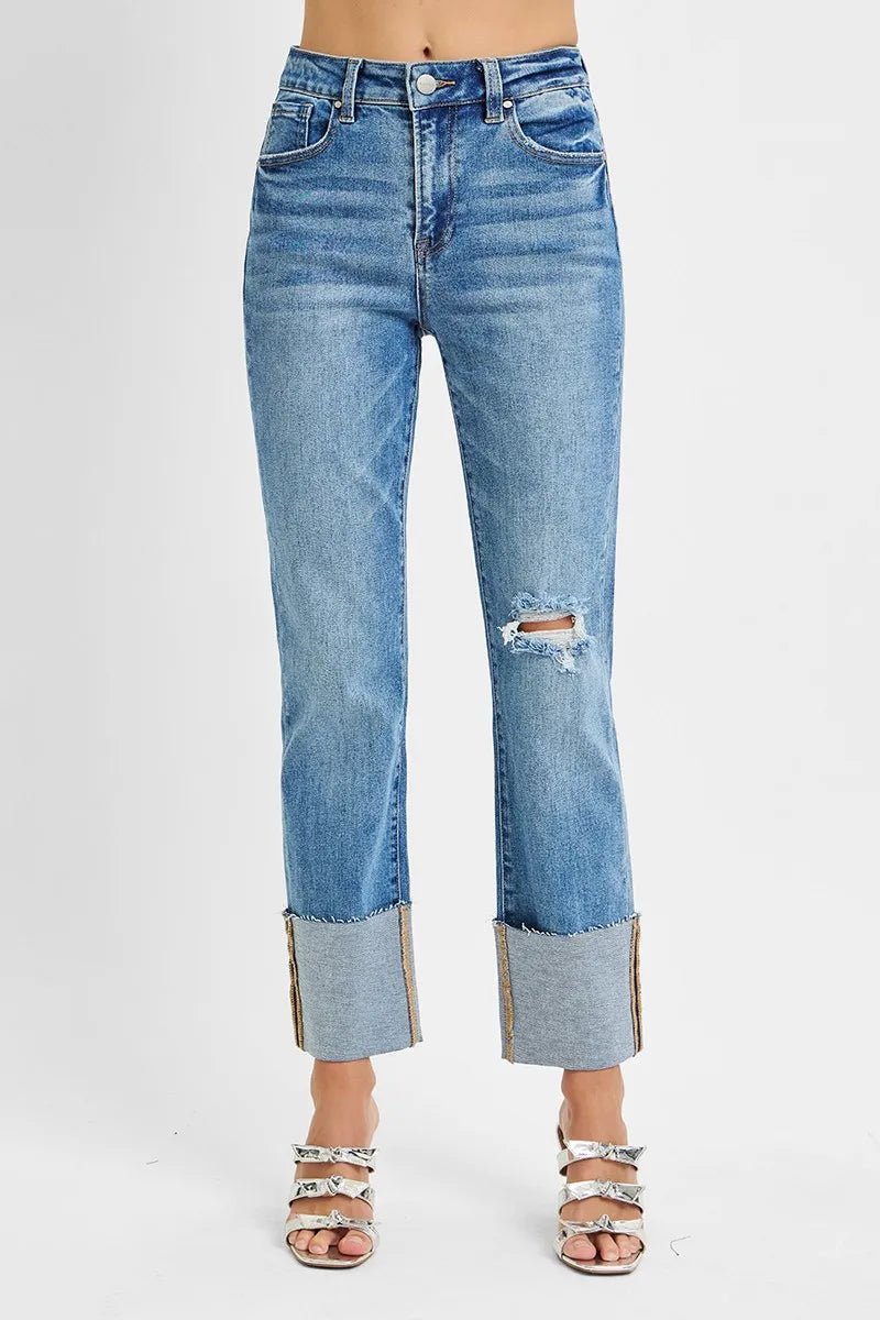 RISEN Full Size High Rise Ankle Straight Wide Cuffed Jeans Plus Size - PBNJ FASHIONS