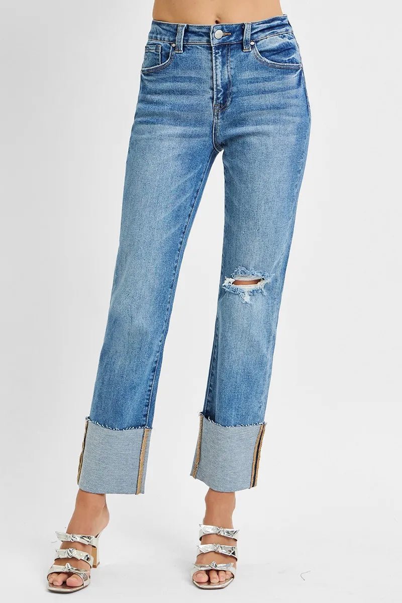 RISEN Full Size High Rise Ankle Straight Wide Cuffed Jeans Plus Size - PBNJ FASHIONS