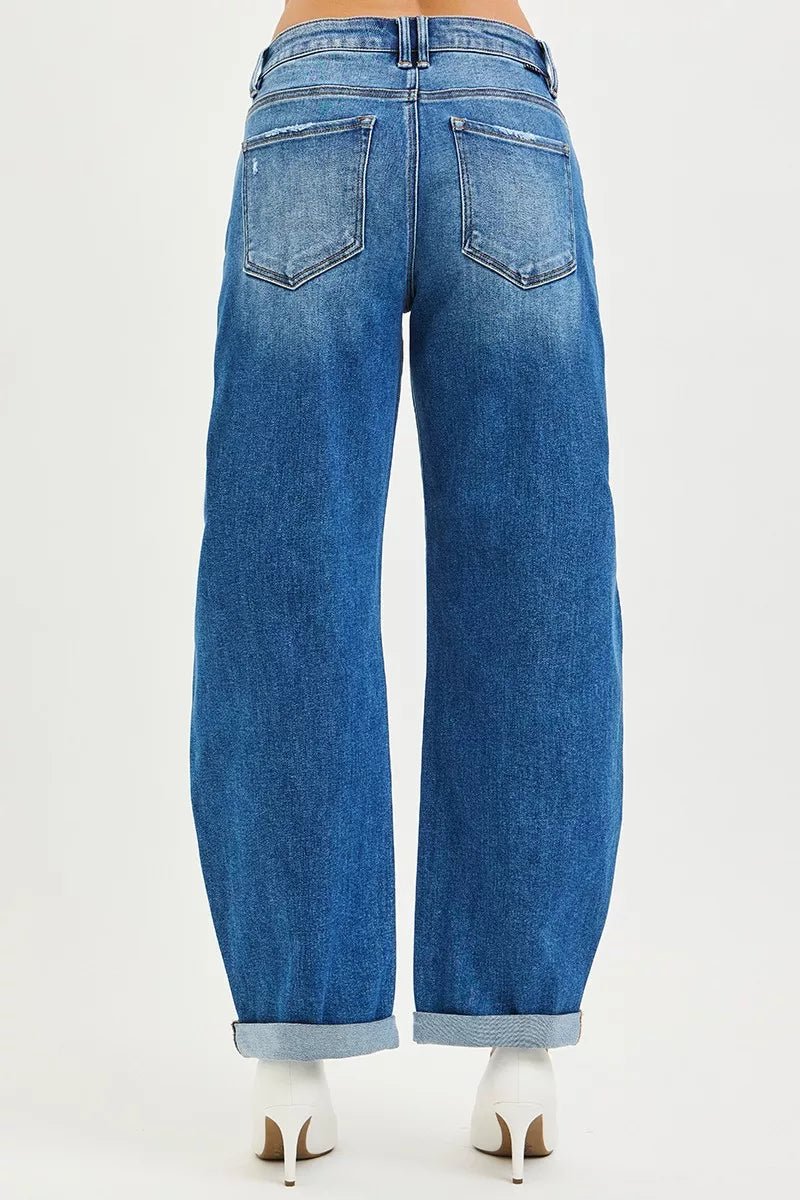 RISEN Full Size Mid Rise Barrel Double Roll Up Jeans Plus Size - PBNJ FASHIONS