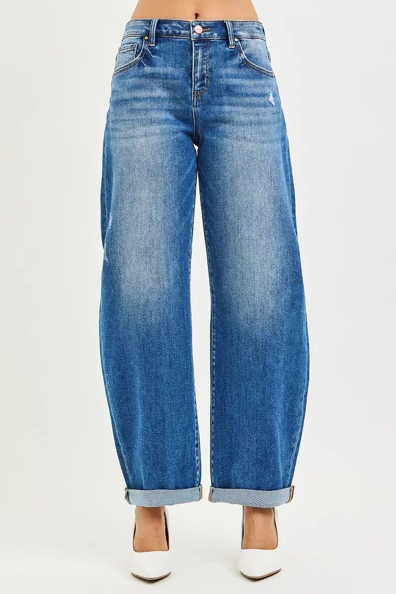RISEN Full Size Mid Rise Barrel Double Roll Up Jeans Plus Size - PBNJ FASHIONS