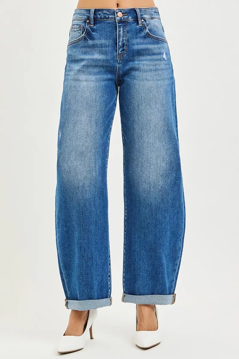 RISEN Full Size Mid Rise Barrel Double Roll Up Jeans Plus Size - PBNJ FASHIONS