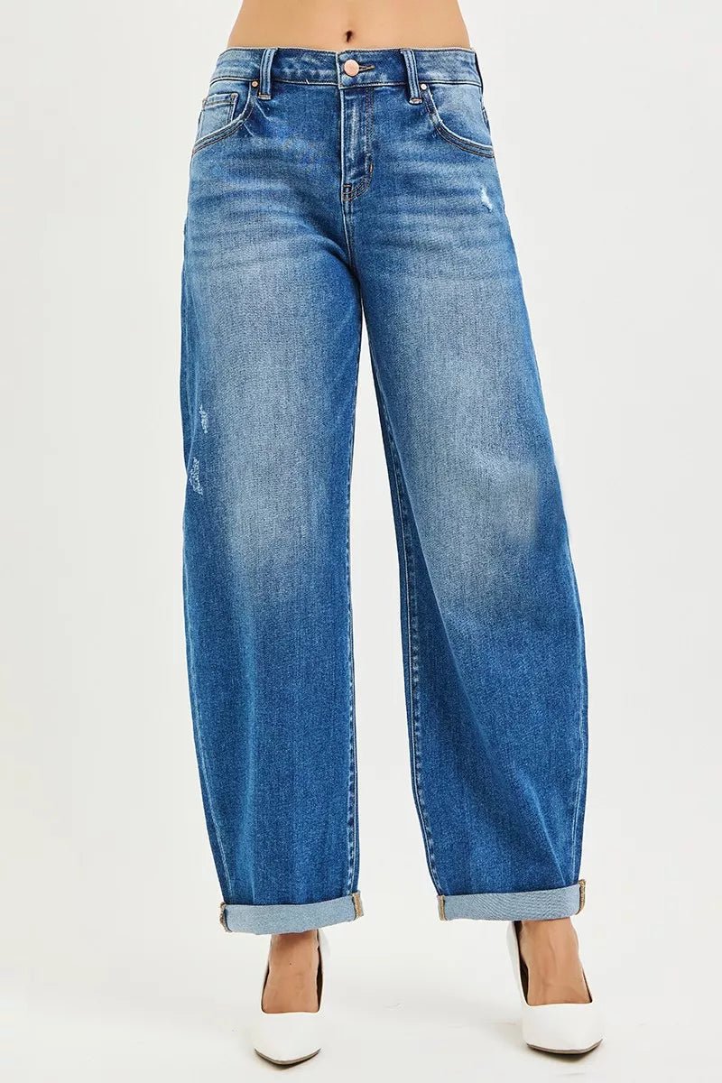 RISEN Full Size Mid Rise Barrel Double Roll Up Jeans Plus Size - PBNJ FASHIONS