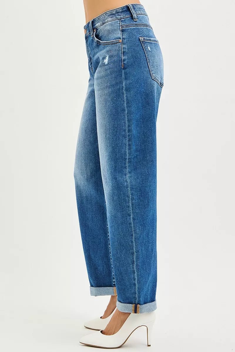 RISEN Full Size Mid Rise Barrel Double Roll Up Jeans Plus Size - PBNJ FASHIONS