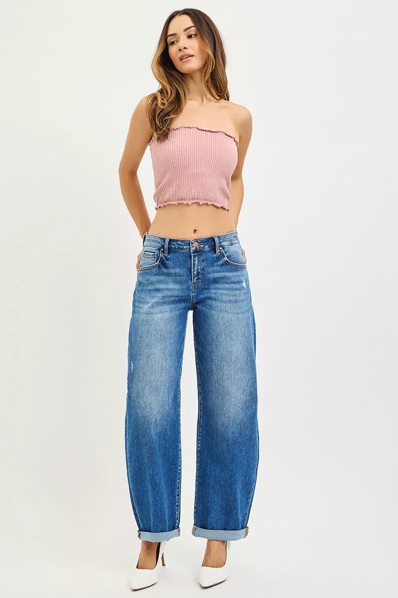 RISEN Full Size Mid Rise Barrel Double Roll Up Jeans Plus Size - PBNJ FASHIONS