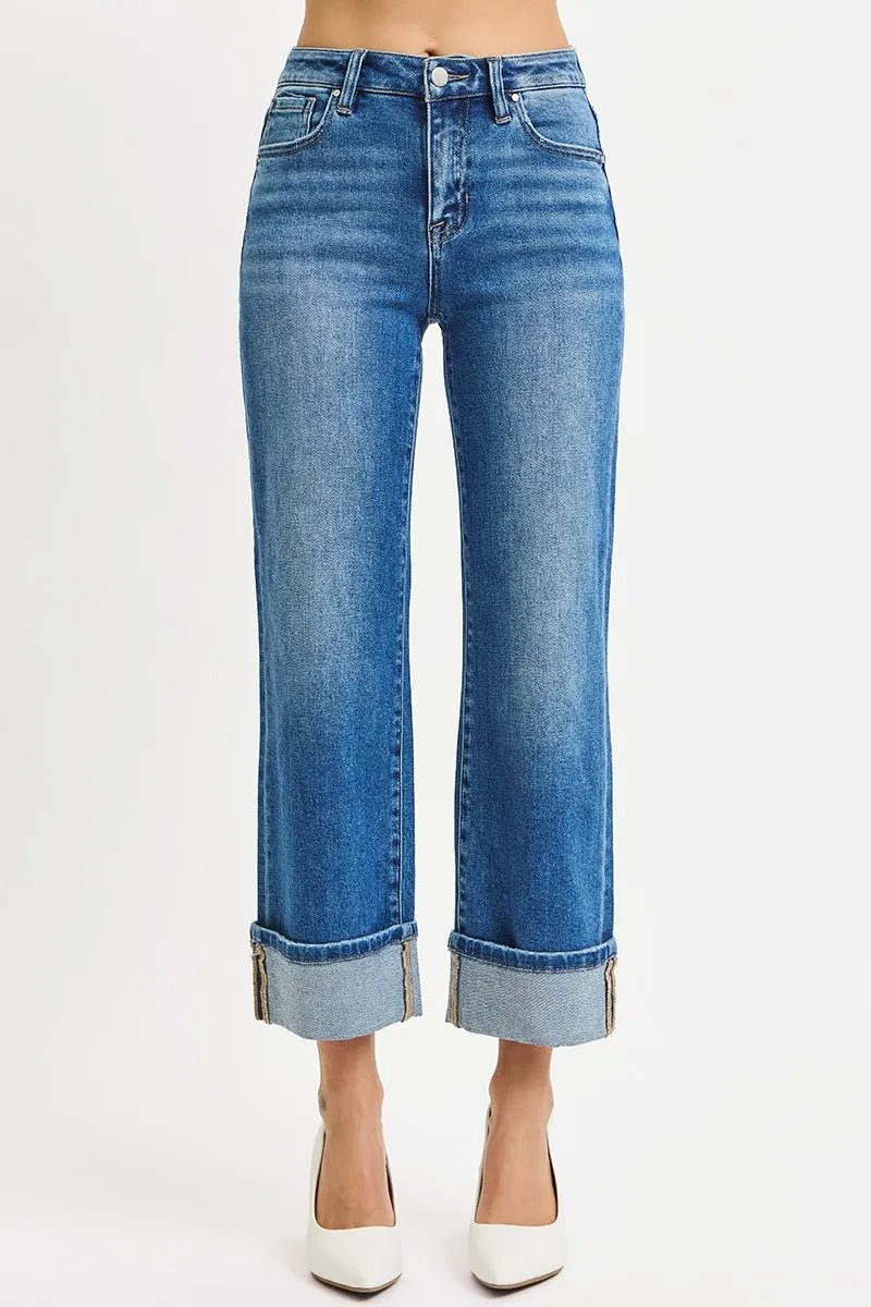 RISEN Full Size Mid Rise Crop Straight Cuffed Jeans Plus Size - PBNJ FASHIONS