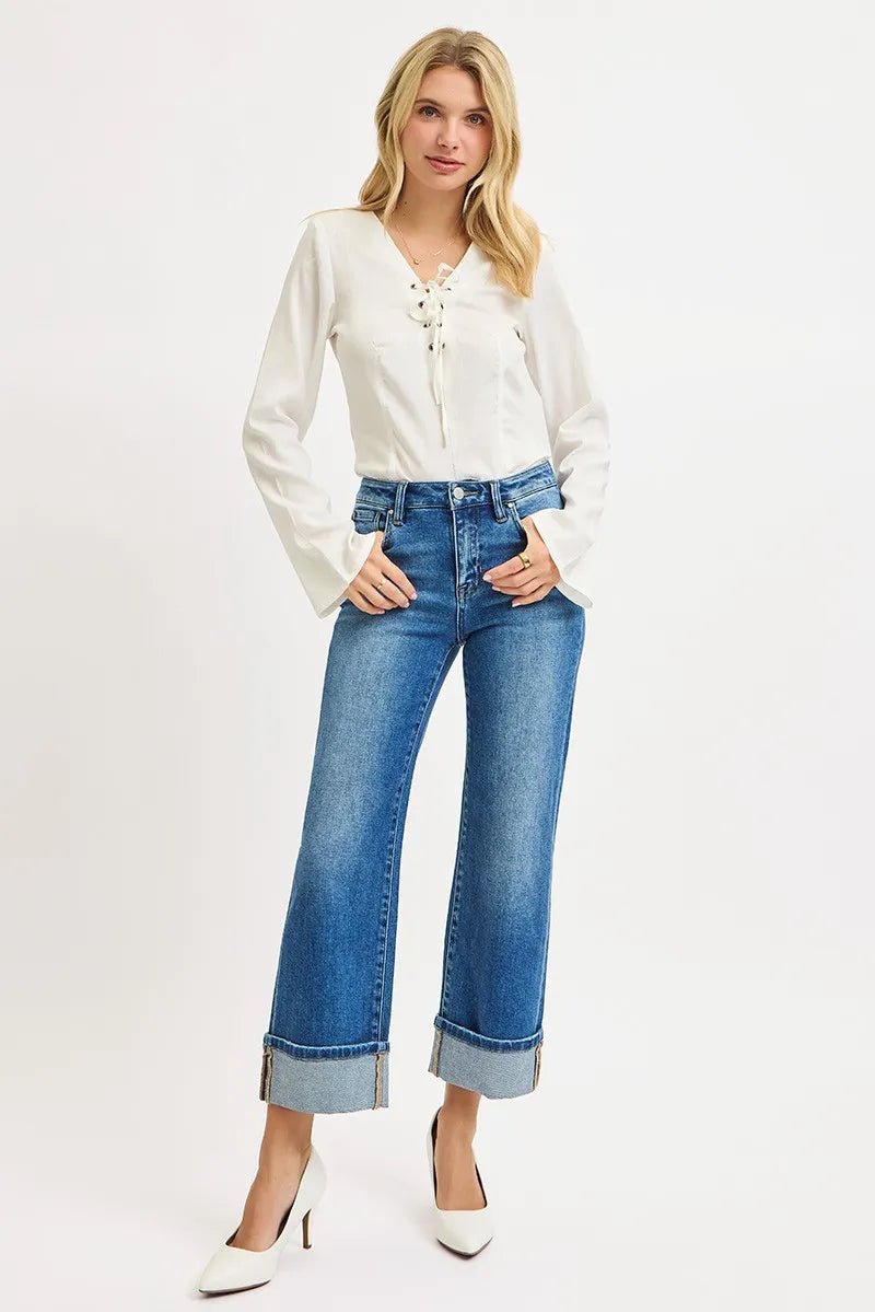 RISEN Full Size Mid Rise Crop Straight Cuffed Jeans Plus Size - PBNJ FASHIONS