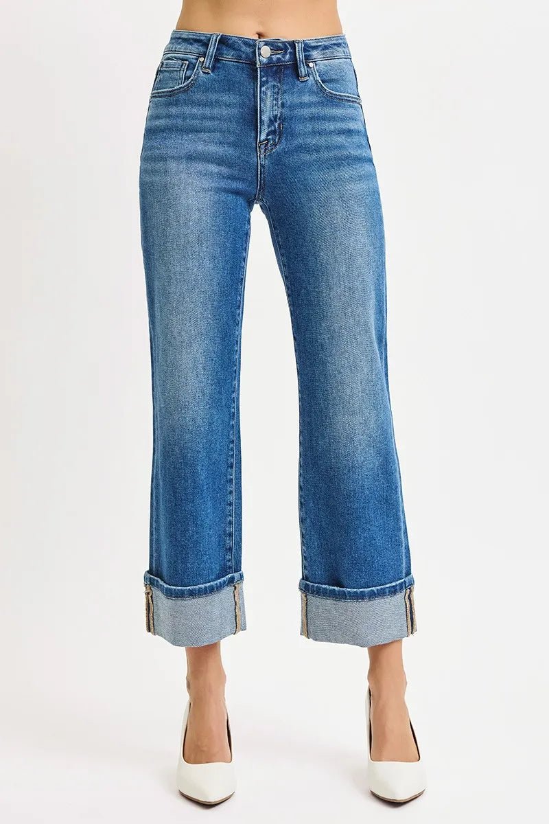 RISEN Full Size Mid Rise Crop Straight Cuffed Jeans Plus Size - PBNJ FASHIONS